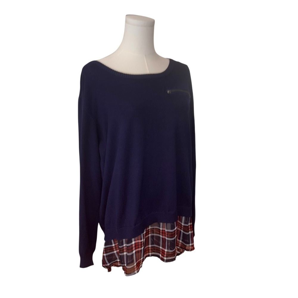 CATO Women's 22 / 24 Navy Blue Plaid Long Sleeve Light-Weight Sweater Plus Top